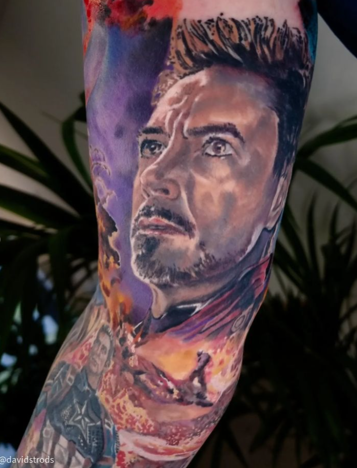 A closer view of this Marvel themed tattoo sleeve.