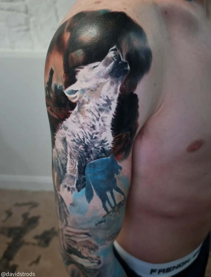 Side view of a wolf themed arm sleeve.